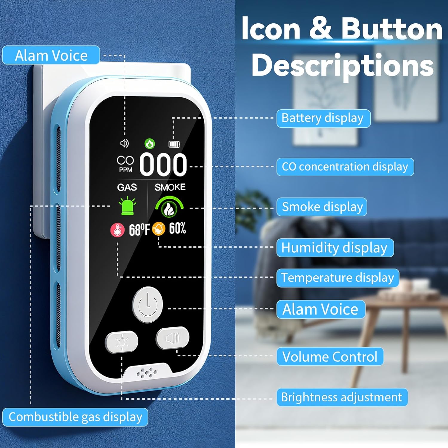 6-in-1 Carbon Monoxide Detector – CO, Gas, Smoke, Temp & Humidity | HD Display, Battery Backup, Plug-In