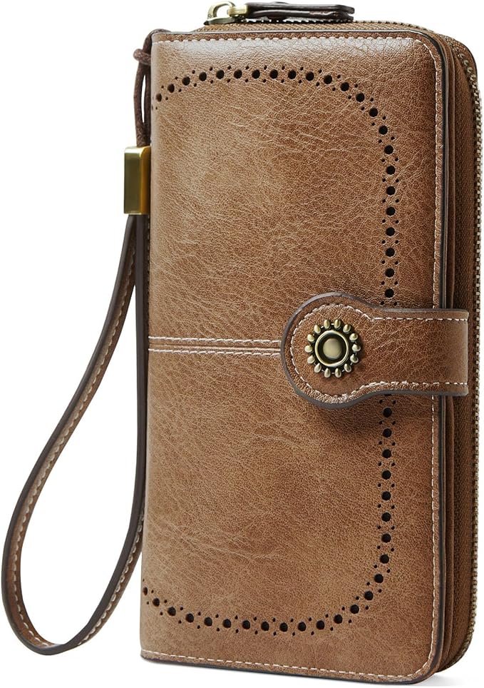 Women's RFID Blocking Leather Wallet – Large Capacity Card Holder, Phone Clutch, Travel Wristlet Purse