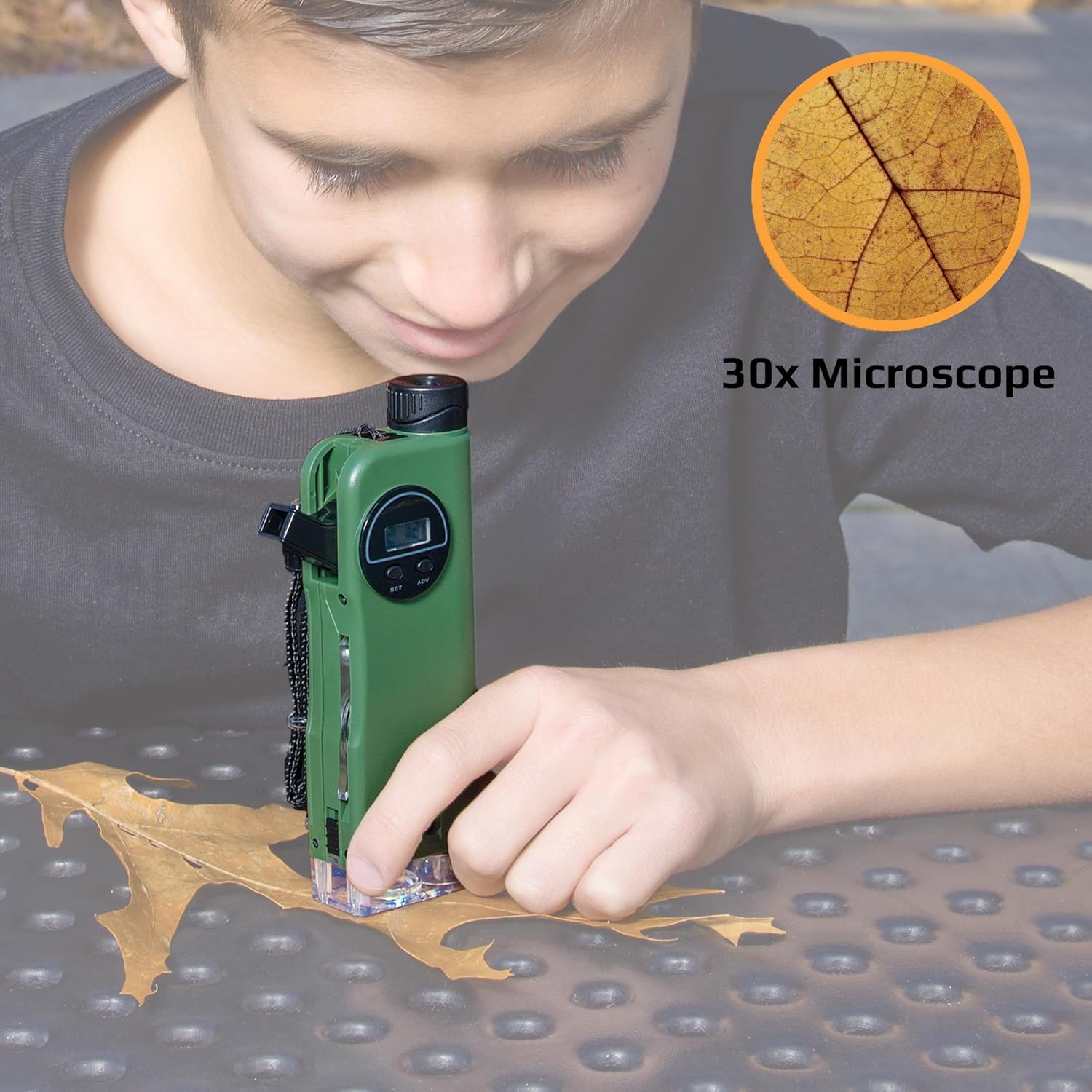 Kids 7-in-1 Multi-Purpose Optical Pocket Tool – 30x Microscope, 8x Telescope, 9x Magnifier, Flashlight, Signal Whistle, Compass & Digital Clock