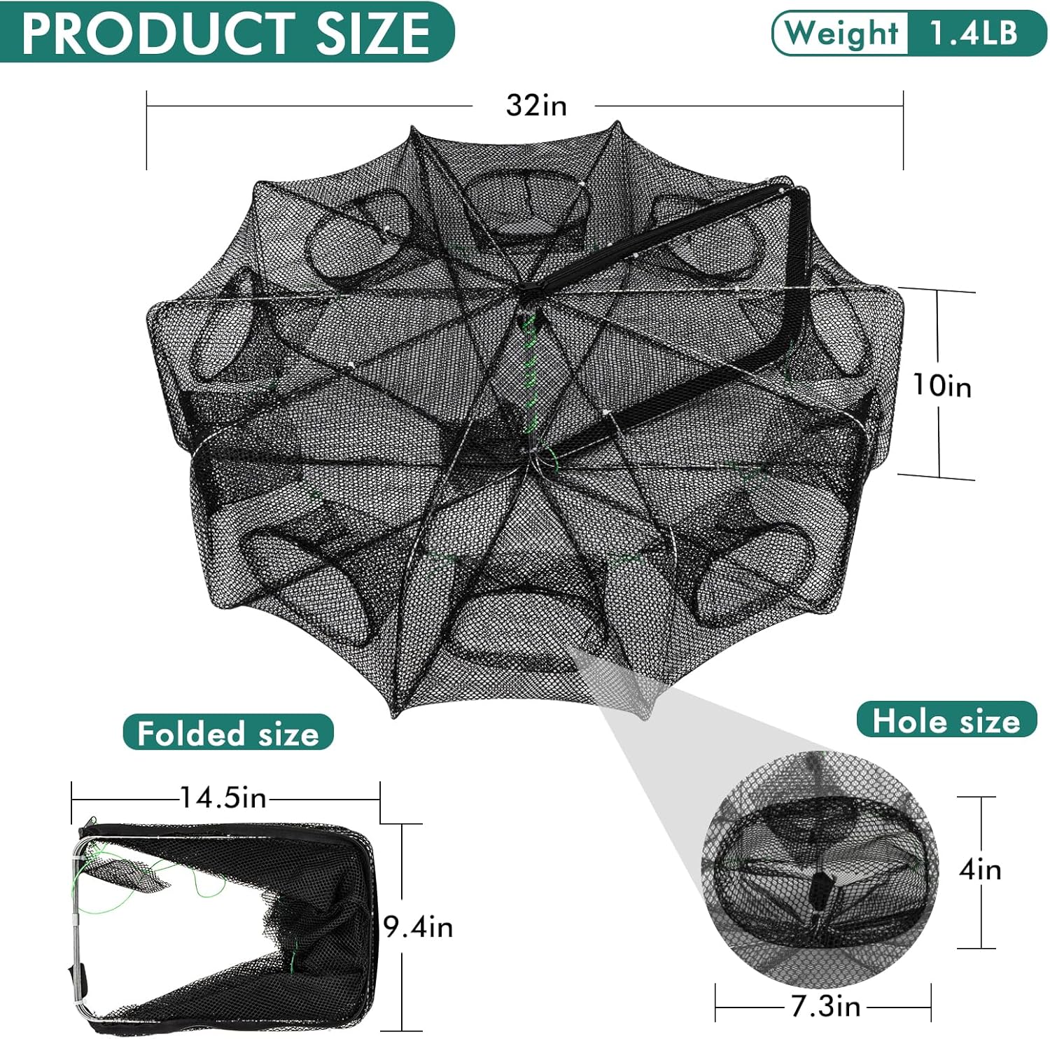 2PCS Large Fishing Bait Traps - 10-Hole Crab Nets with Rope for Minnow, Crawfish, Shrimp, and Crawdad | Durable Foldable Fish Traps for Bait Fishing