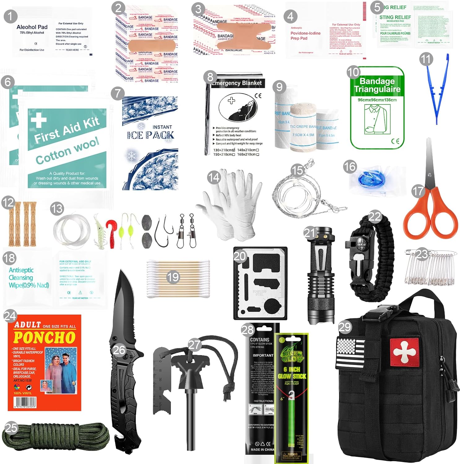 174-Piece Survival Kit with First Aid Supplies – Tactical IFAK Emergency Survival Gear with MOLLE System, Medical Supplies, and Essential Tools for Camping, Hunting, Hiking, Fishing, Car, and Outdoor Adventures