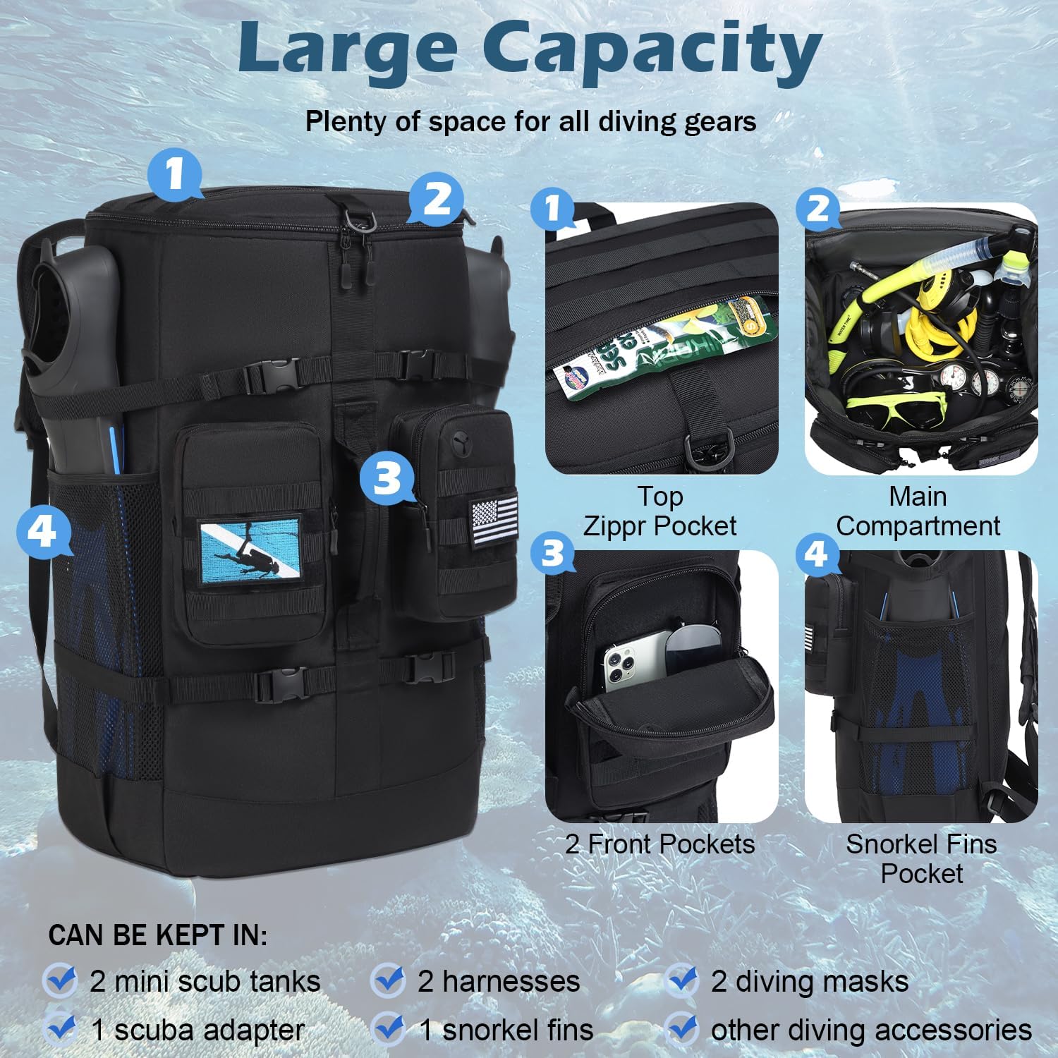 65L Scuba Diving Gear Backpack – Large Travel Bag for Snorkeling Equipment, Fins, Mask & Accessories | Heavy-Duty Dive Bag for Water Sports & Travel