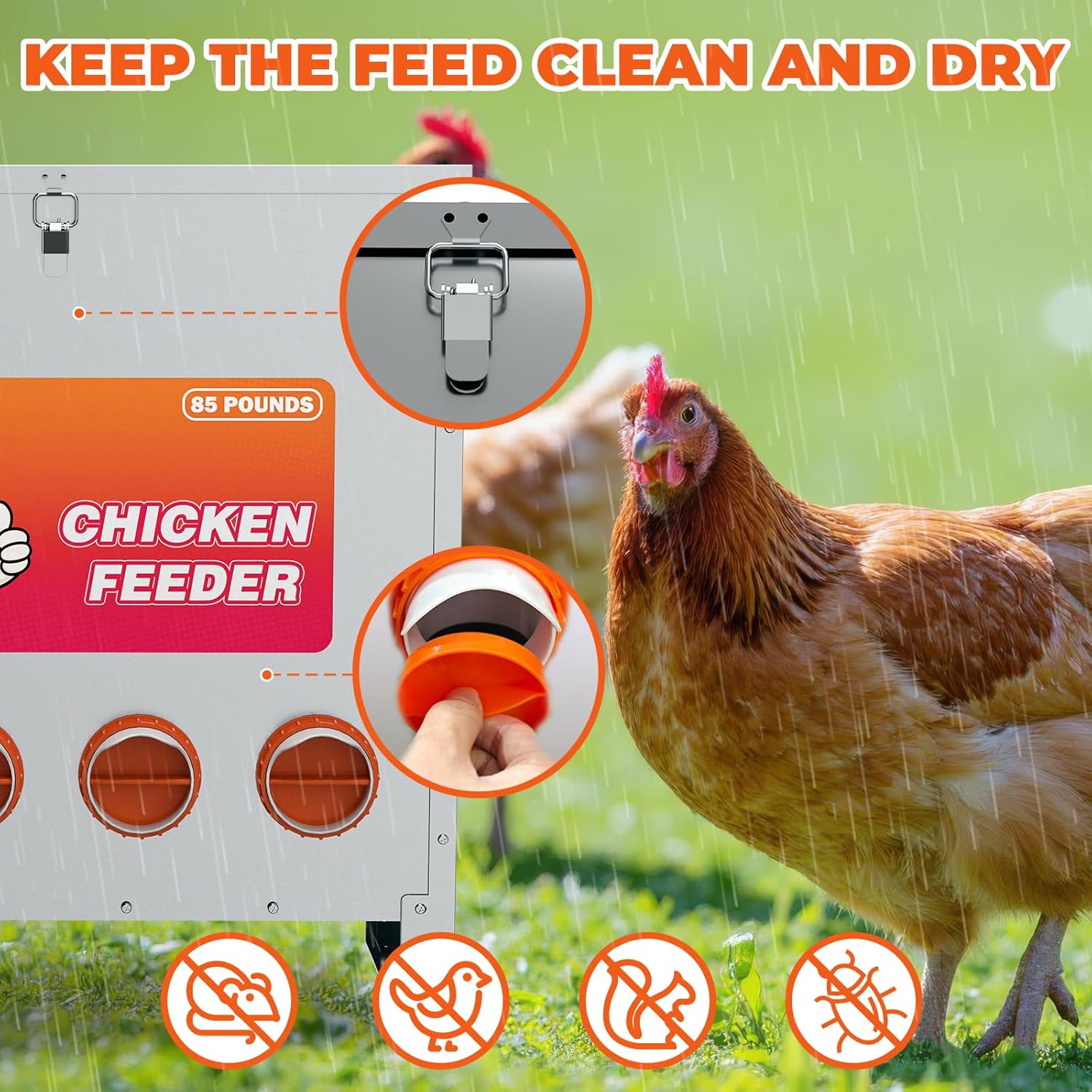 85 LB Weatherproof Metal Chicken Feeder – No Waste Poultry Feeder with 10 Feeding Ports, Auto Gravity Feed, Handle & Latch – Large Capacity Outdoor Feeder for Chickens, Hens, Bantams, Pheasants, Coop Use
