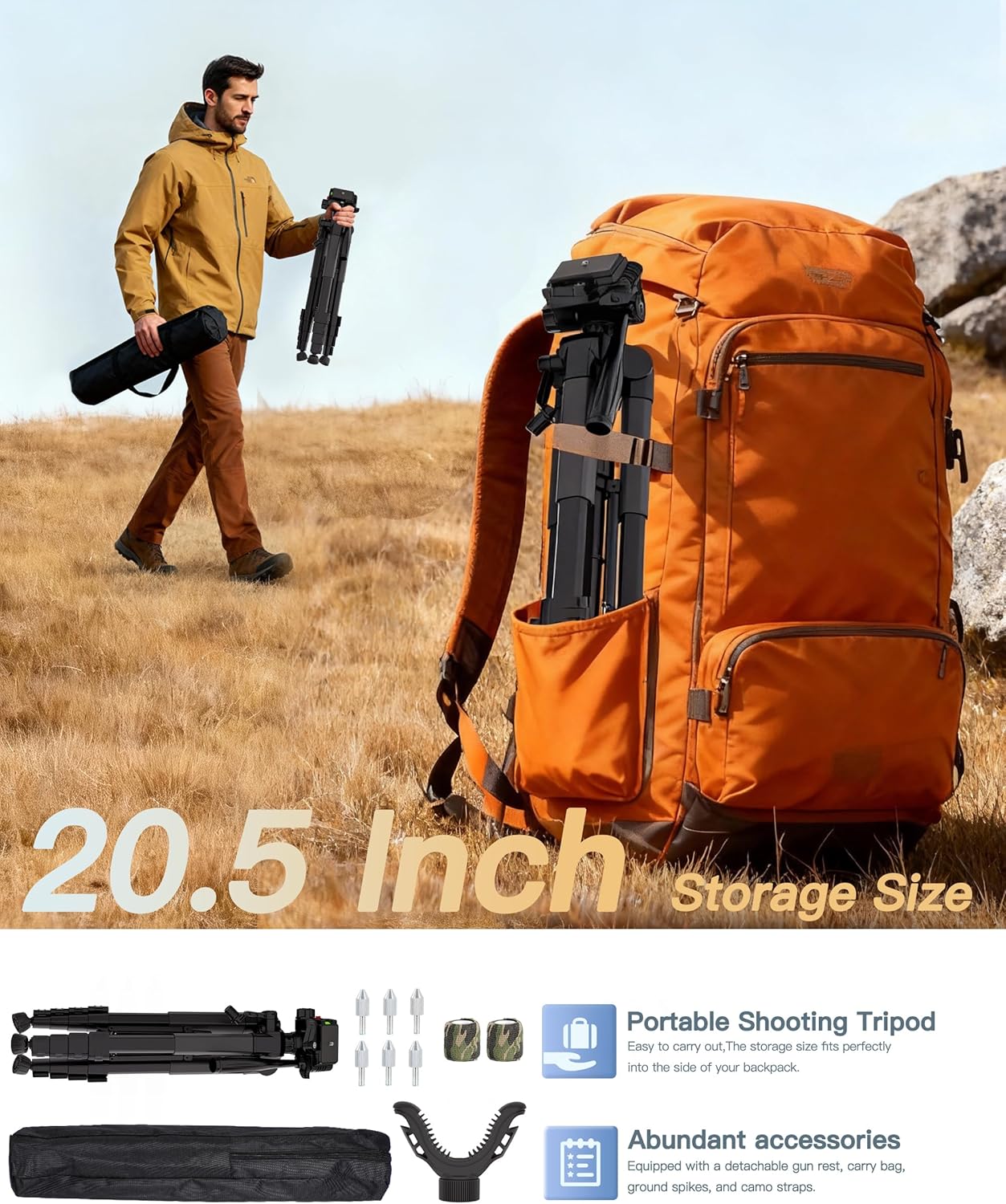 74-Inch Rifle Shooting Tripod – Adjustable Hunting Rest with V-Yoke, Aluminum Shooting Stand for Rifle & Crossbow | Includes Ground Spikes & Camo Straps for Outdoor Shooting