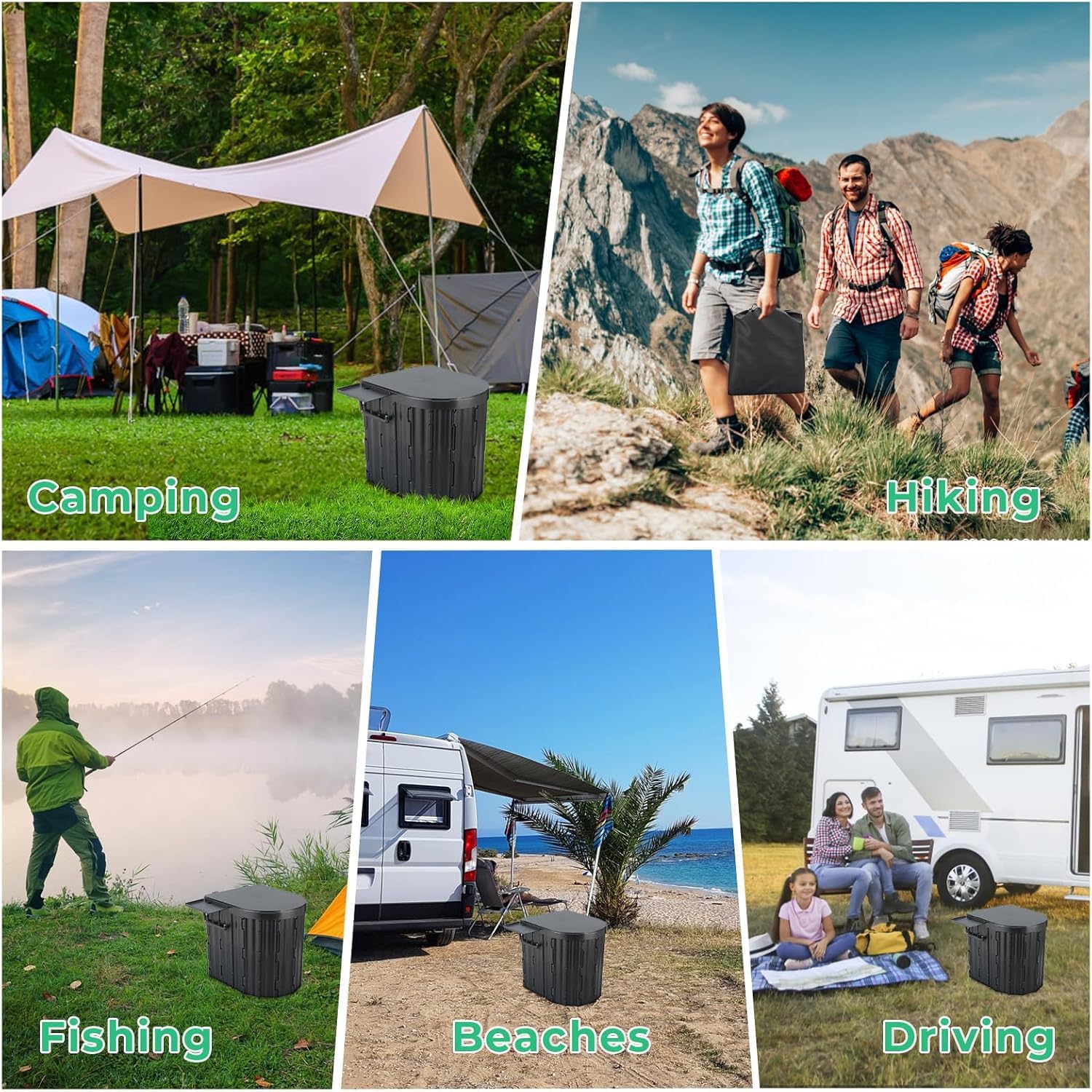 Portable Camping Toilet for Adults – 450 lb Capacity, Foldable, 4.5 lbs | Lid, TP Holder & 12 Waste Bags Included