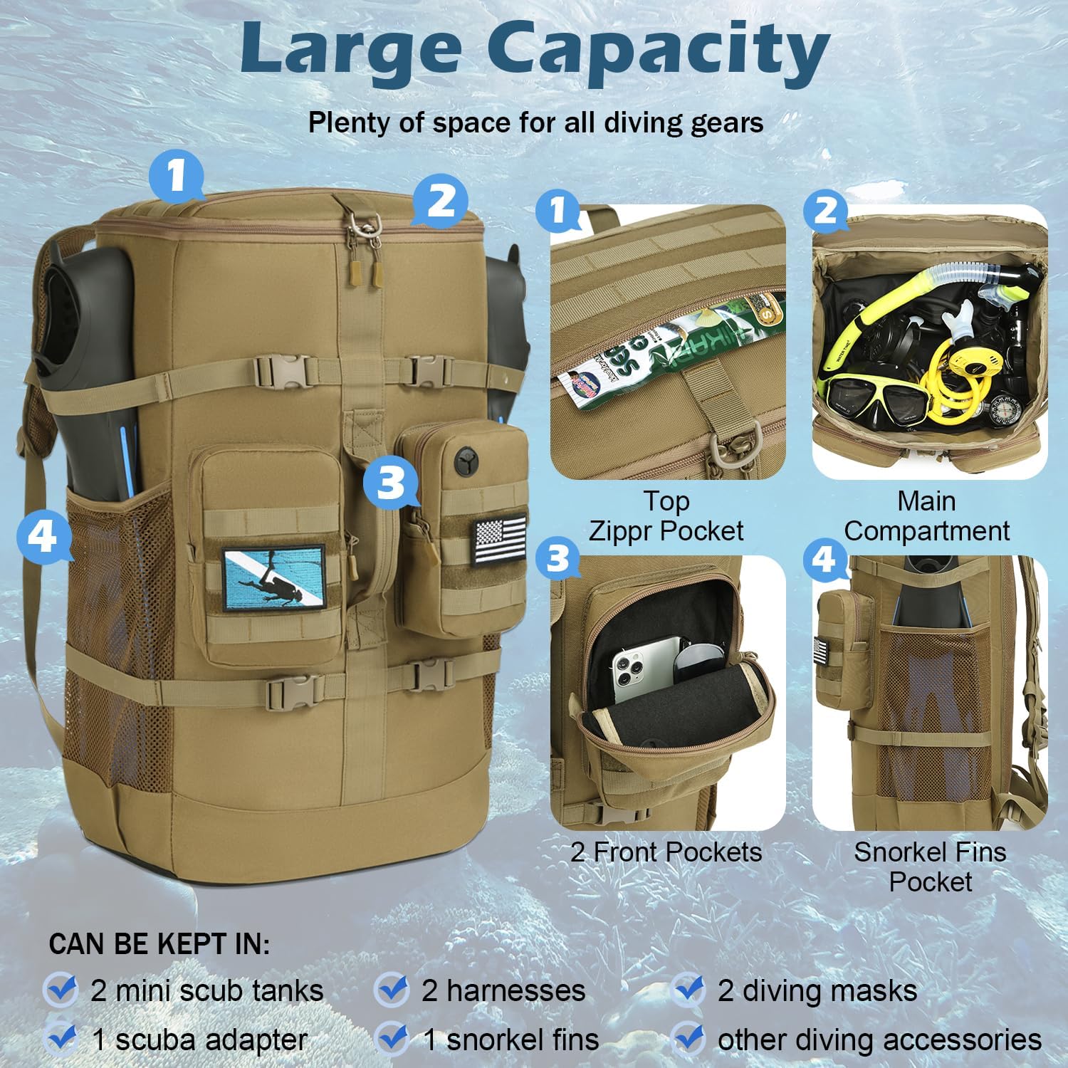 65L Scuba Diving Gear Backpack – Large Travel Bag for Snorkeling Equipment, Fins, Mask & Accessories | Heavy-Duty Dive Bag for Water Sports & Travel