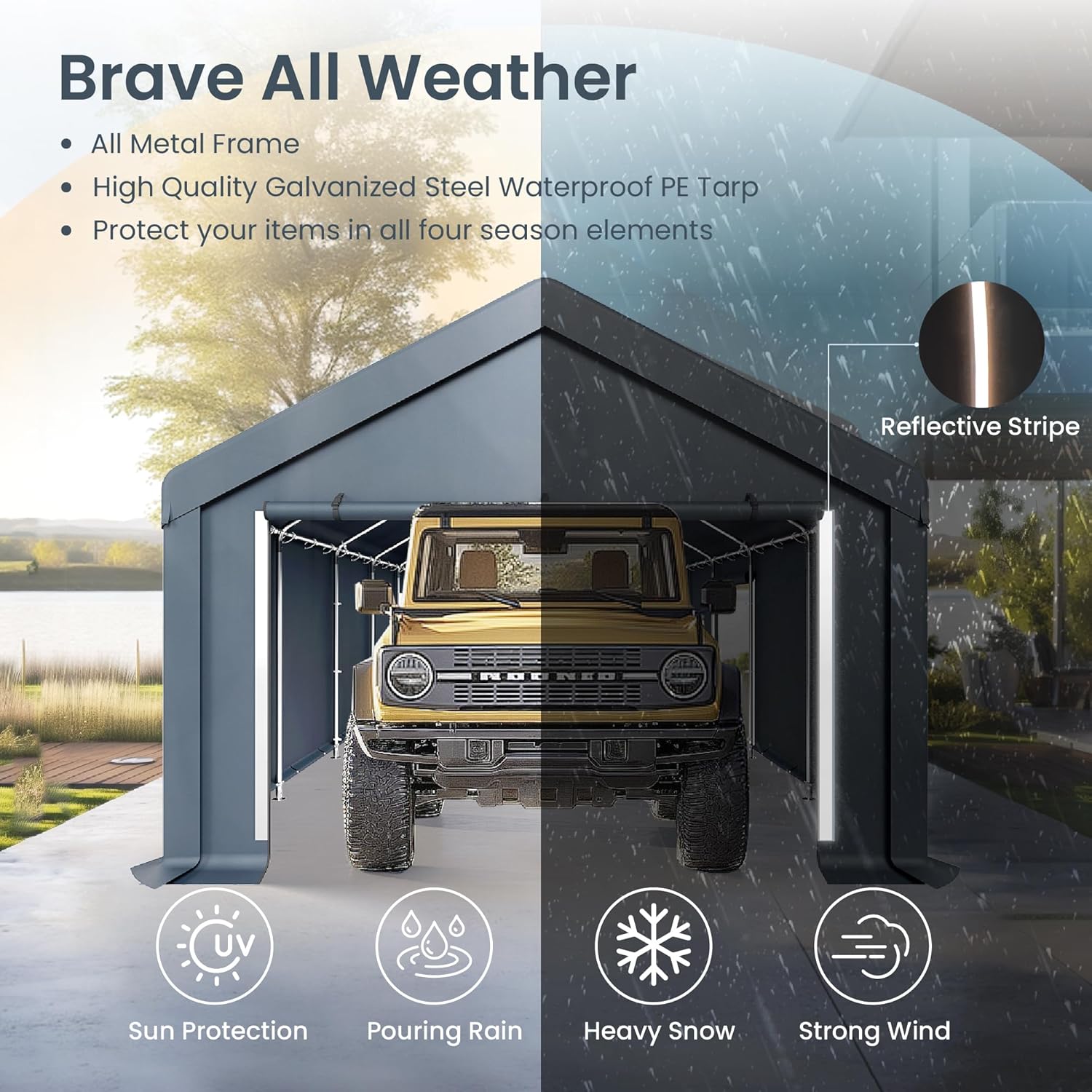 13x24x9.6 Ft Portable Storage Shelter Garage – Waterproof UV-Resistant Carport Tent with Roll-Up Zipper Doors & Air Vents | Anti-Snow Outdoor Shed for Car, Motorcycle & Equipment – Gray