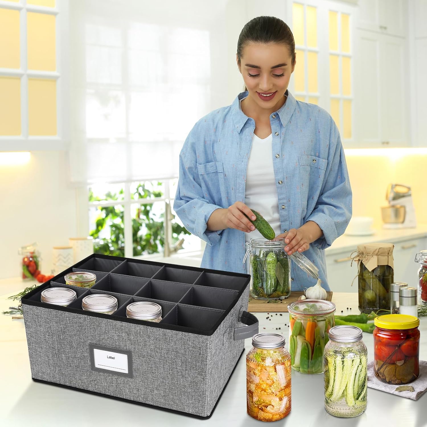 32 oz Mason Jar Storage Organizer – Stackable & Collapsible Canning Jar Holder for 12 Quart Jars with Handles & Adjustable Dividers