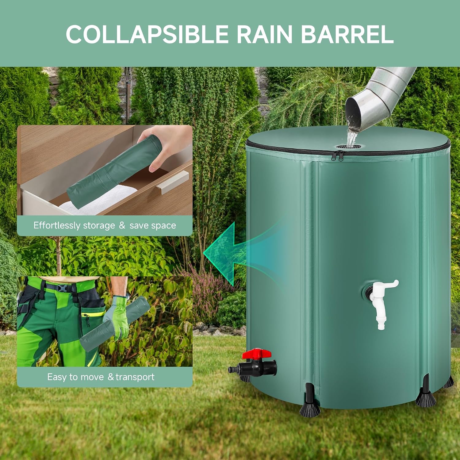 Collapsible Rain Barrel – 53 Gallon, 3-Ply PVC, Mesh Filter, High-Flow & Downspout Spigots, Overflow Valve