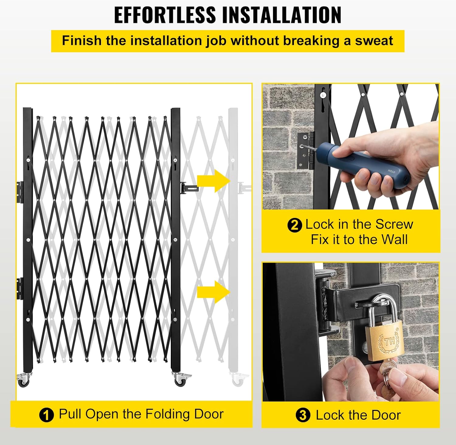 7×7 Ft Steel Folding Security Gate – Single Accordion Scissor Gate with Rolling Casters & Padlock | Expandable Locking Security Door for Storefront, Warehouse & Garage