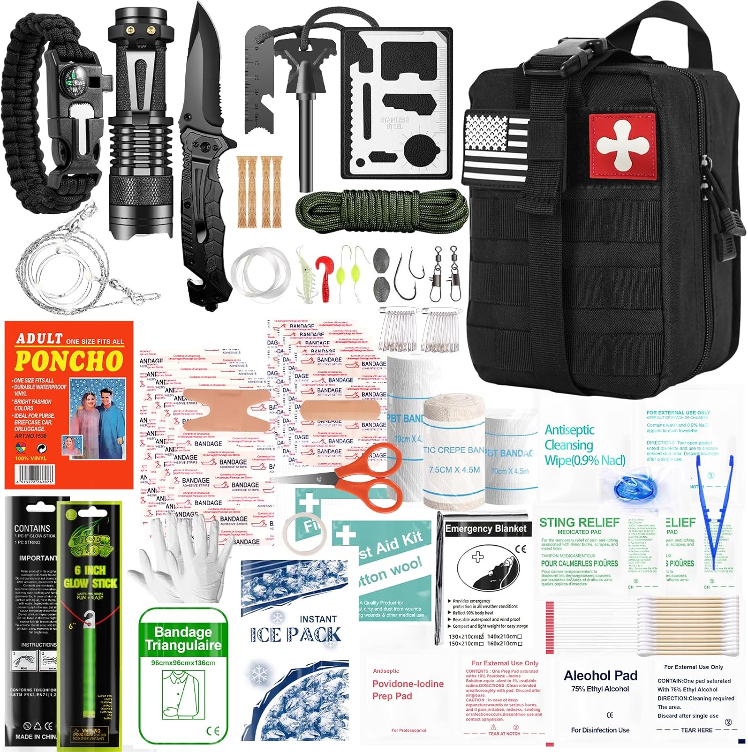 174-Piece Survival Kit with First Aid Supplies β Tactical IFAK Emergency Survival Gear with MOLLE System, Medical Supplies, and Essential Tools for Camping, Hunting, Hiking, Fishing, Car, and Outdoor Adventures