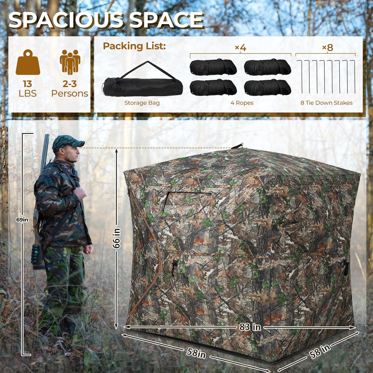 Hunting Blind 270° See Through Ground Blind 2-3 Person Pop Up Deer Blind for Hunting with Carring Bag - Portable Durable Blind for Turkey and Deer Hunting