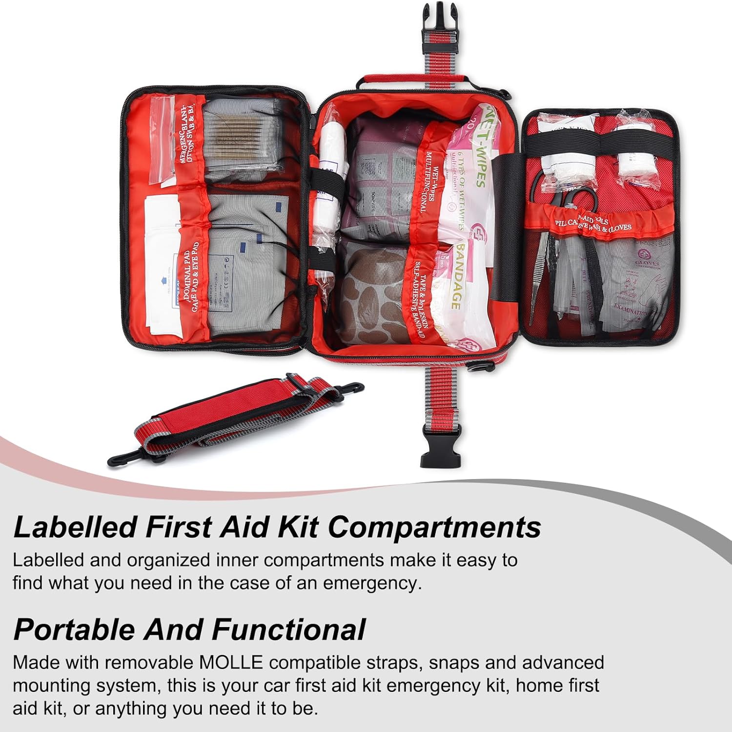 500-Piece Emergency First Aid Kit – Labeled Compartments, 1680D Waterproof, Reflective Strips & Shoulder Strap