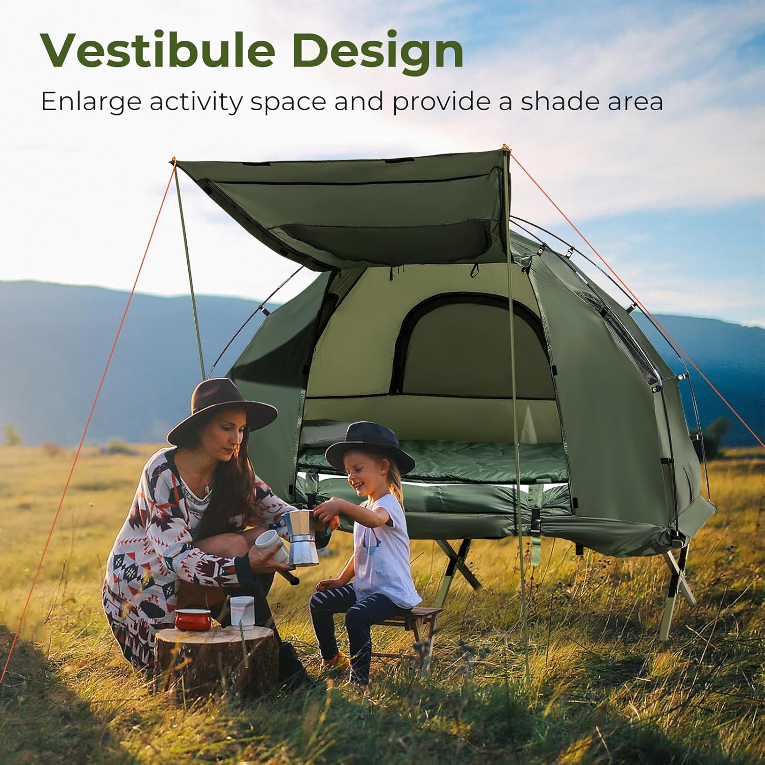 5-in-1 Tent Cot with Mattress, Sleeping Bags & Sunshade – Folding Elevated Camping Bed for Outdoor Hiking, Fishing, Travel & Picnics
