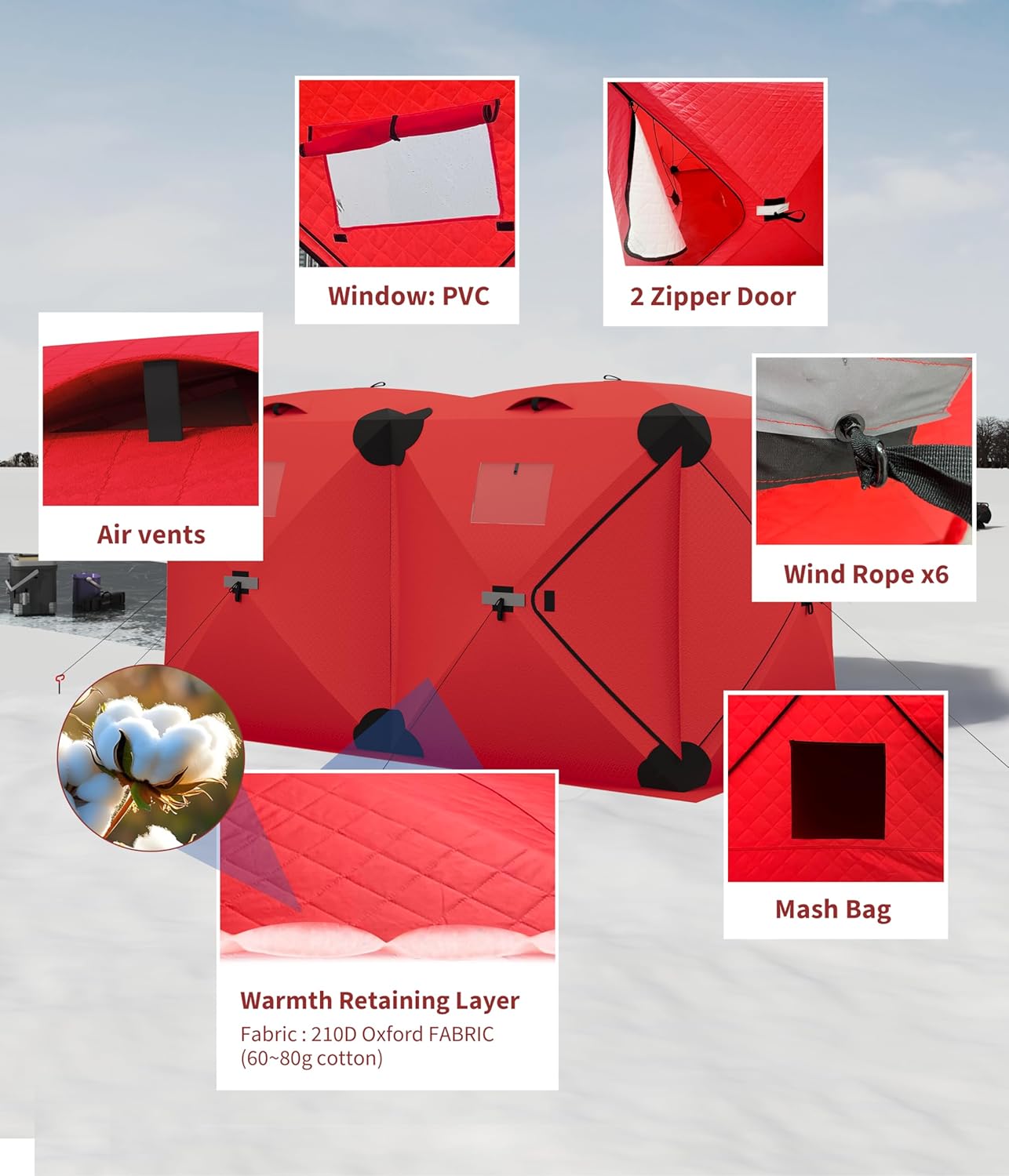Insulated Pop-Up Ice Fishing Tent Shelter – Portable Hub-Style Ice Shanty, Windproof & Thermal Warm Design | Multi-Size Ice Shelter for 1–8 Person Ice Fishing