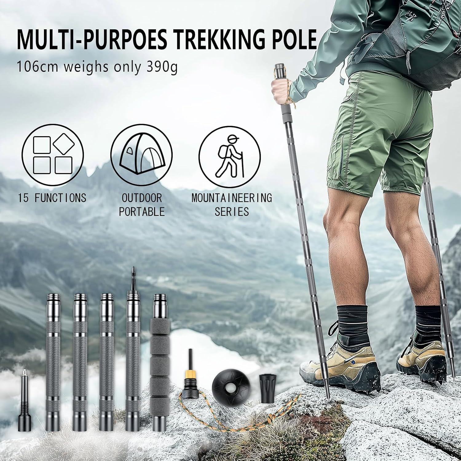 Lightweight Tactical Hiking Pole – Adjustable & Detachable Walking Stick for Men & Women – Collapsible Trekking Pole for Camping, Backpacking, or Outdoor Survival