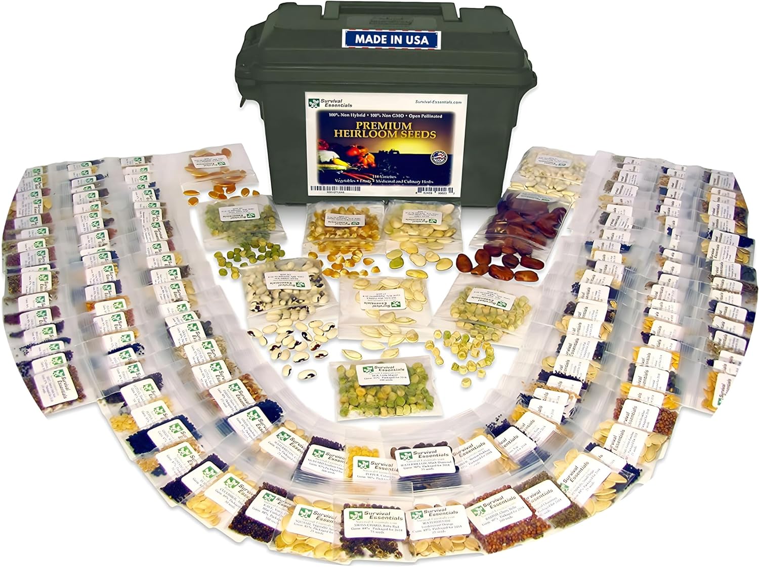 Ultimate Heirloom Seed Vault β 144 Non-GMO Heirloom Seed Varieties in Airtight Ammo Can, 23,000 Survival Seeds for Vegetables, Fruits, & Herbs β Premium Emergency & Prepper Supplies