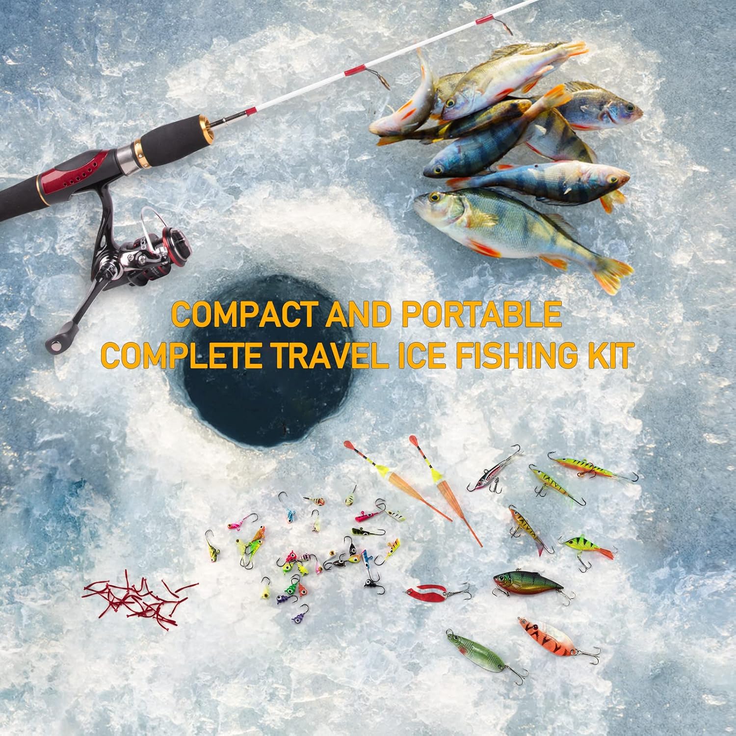 Ice Fishing Rod and Reel Combo, Ice Fishing Gear Pole Ice Fishing Reel Equipment Set Ice Fishing Backpack Chair Ice Jigs Lures Ice Fishing Accessories