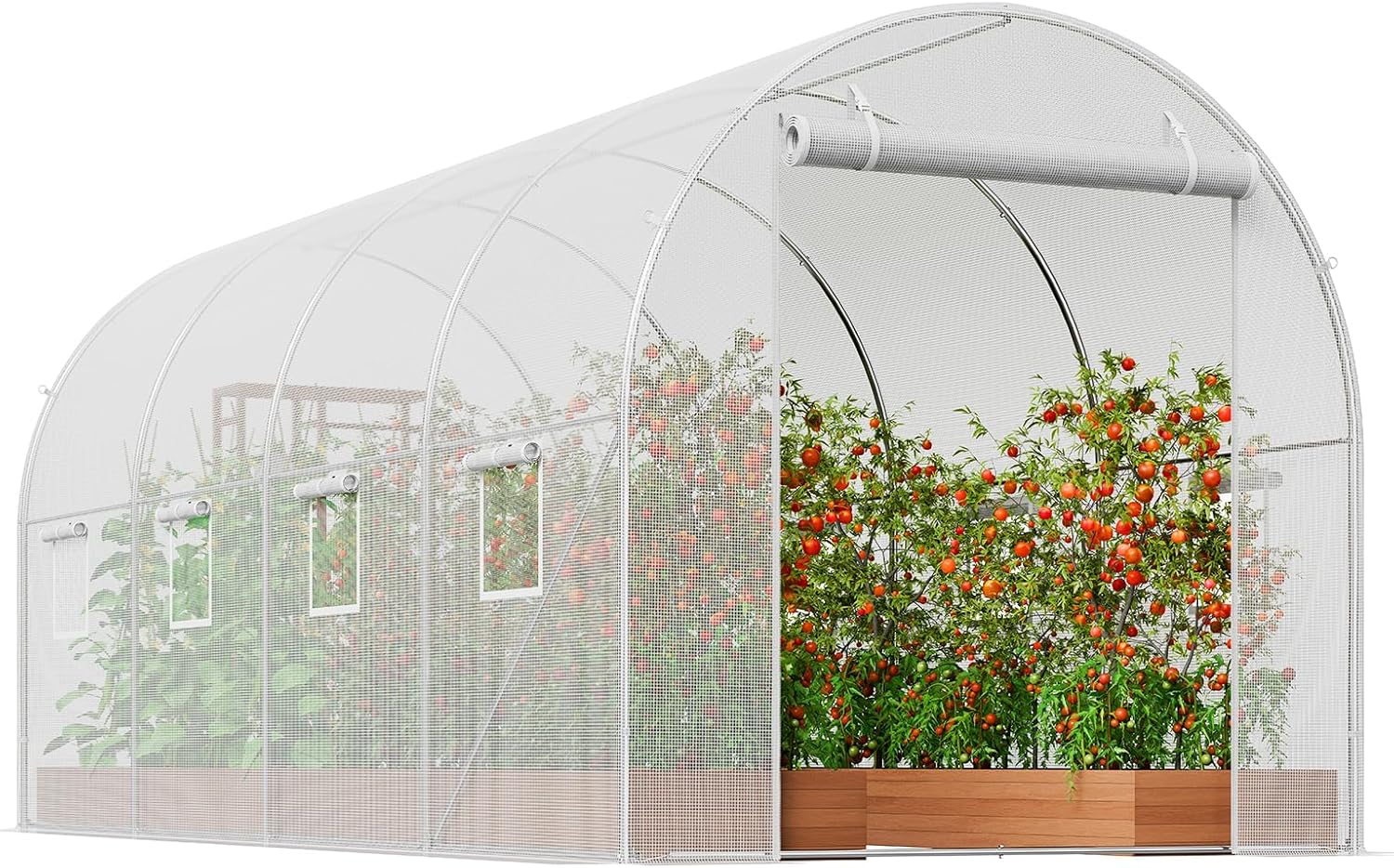 14.6×6.4×6.3 ft Walk-In Tunnel Greenhouse – Heavy-Duty Hoop House with Galvanized Steel Frame, White PE Cover, Roll-Up Zipper Door & 8 Vent Windows for Outdoor Gardening