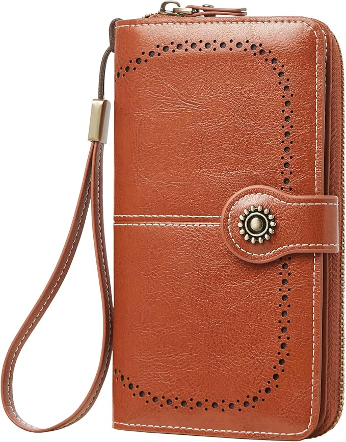 Women's RFID Blocking Leather Wallet – Large Capacity Card Holder, Phone Clutch, Travel Wristlet Purse