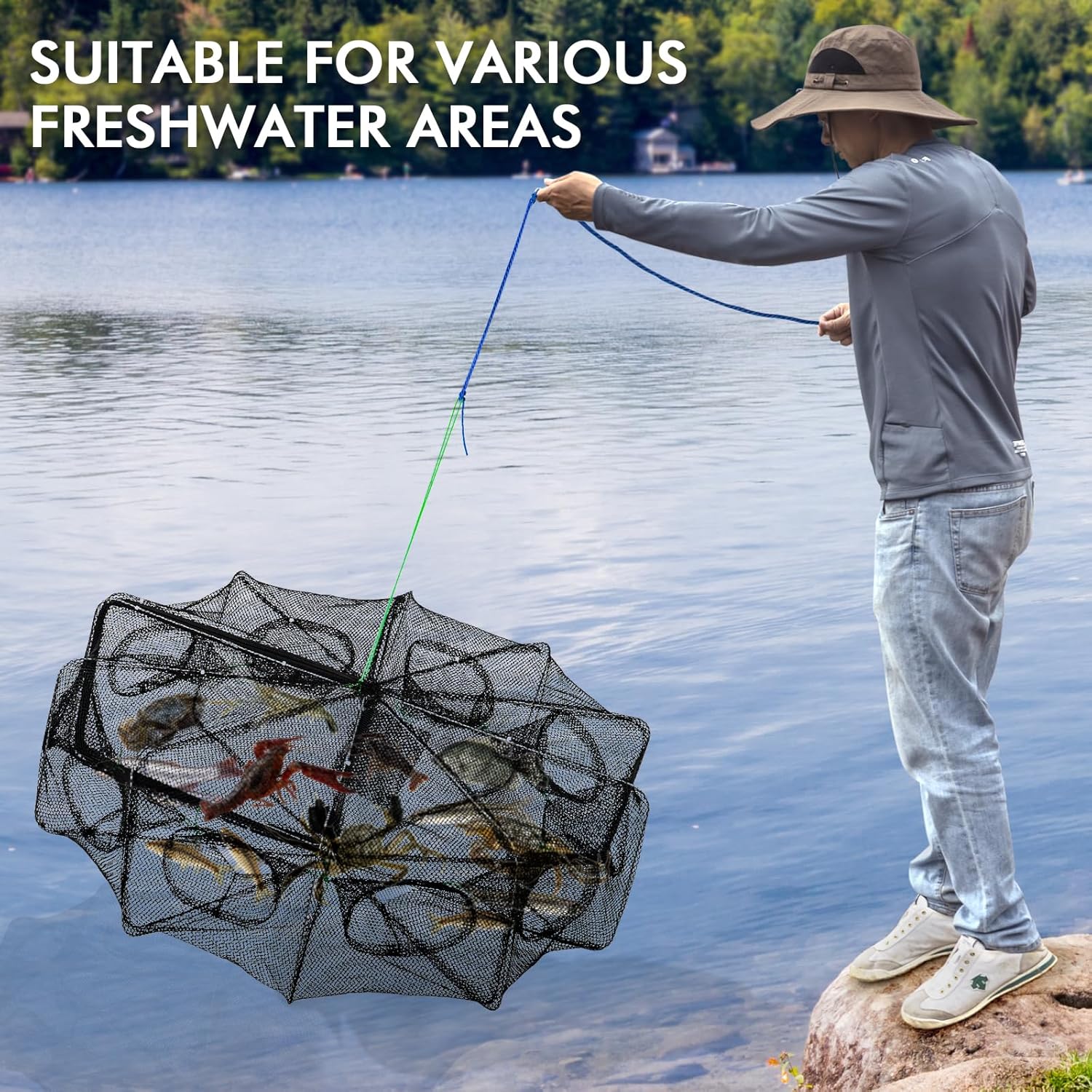 2PCS Large Fishing Bait Traps - 10-Hole Crab Nets with Rope for Minnow, Crawfish, Shrimp, and Crawdad | Durable Foldable Fish Traps for Bait Fishing