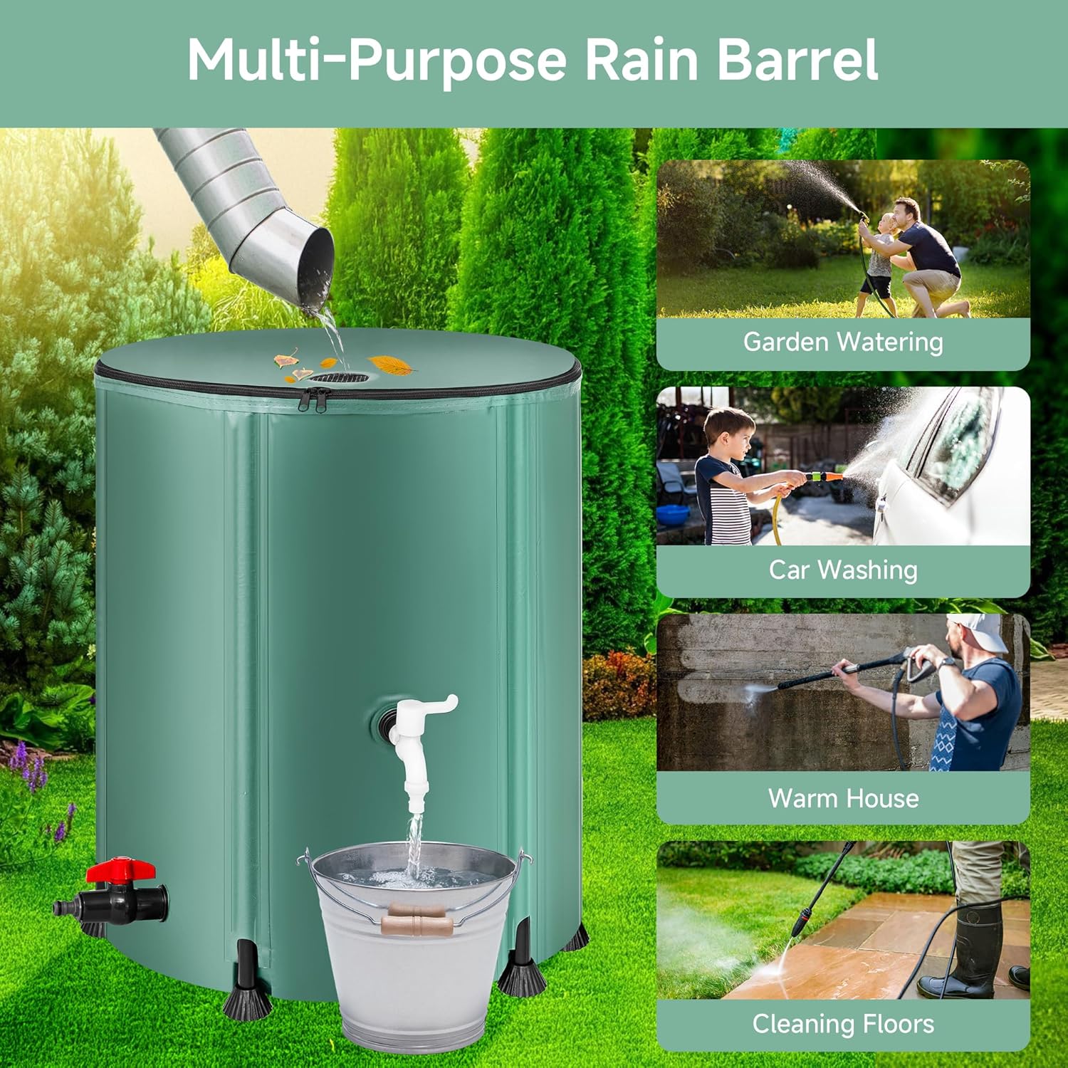 Collapsible Rain Barrel – 53 Gallon, 3-Ply PVC, Mesh Filter, High-Flow & Downspout Spigots, Overflow Valve
