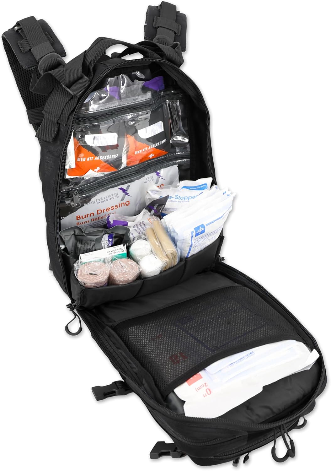 Stealth Black EMS Trauma First Aid Backpack with Fully Stocked Bleeding Control Kit – Professional EMT Responder Medical Bag