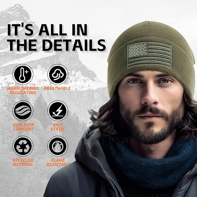 American Flag Fleece Watch Cap – USA Military Tactical Beanie, Multi-Season Warm Winter Hat for Men & Women