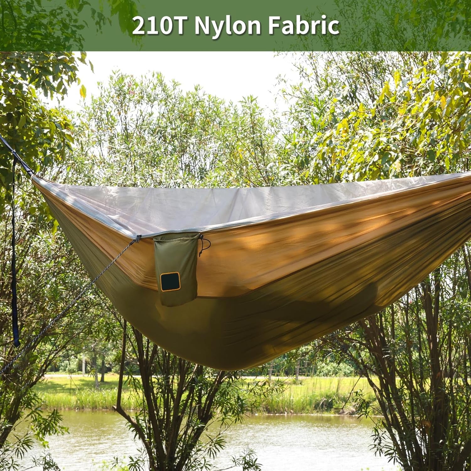 Camping Hammock with Mosquito Net – 9.5 ft, 500 lb, 201T Nylon, Two 10ft Straps | Green & Khaki