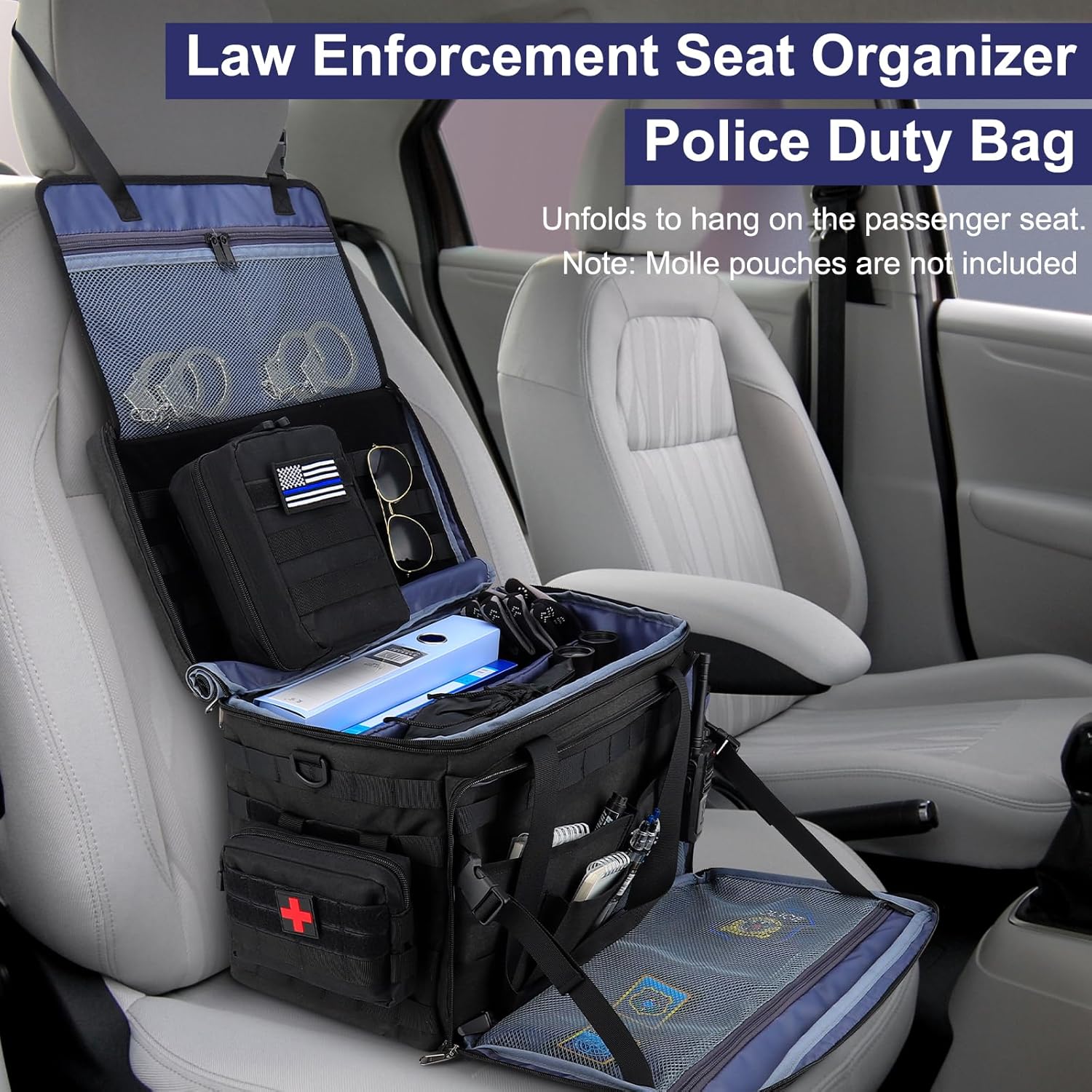 Police Patrol Gear Bag – Tactical Law Enforcement Front Seat Organizer with MOLLE Webbing | Multi-Compartment Duty Bag for Passenger Seat, Removable Shoulder Strap