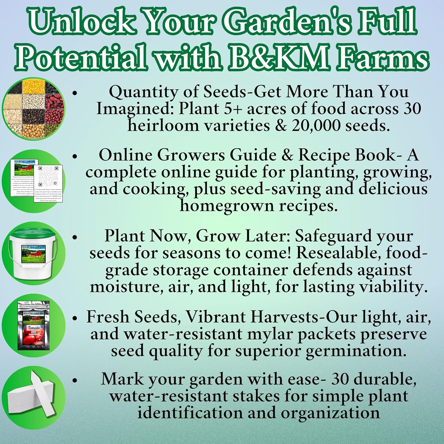 20,000+ Non-GMO Heirloom Survival Seeds – 5+ Year Emergency Food Supply | 30 Fruit & Vegetable Varieties for Long-Term Storage in Weatherproof Bucket
