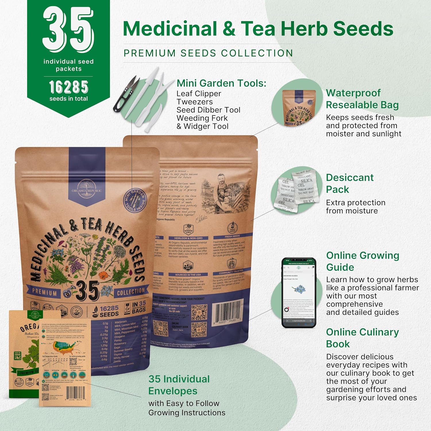 35 Medicinal & Tea Herb Seed Variety Pack – 16,335+ Non-GMO Heirloom Seeds for Indoor & Outdoor Gardening | Includes Anise, Bergamot, Borage, Cilantro, Chamomile, Dandelion, Rosemary & More