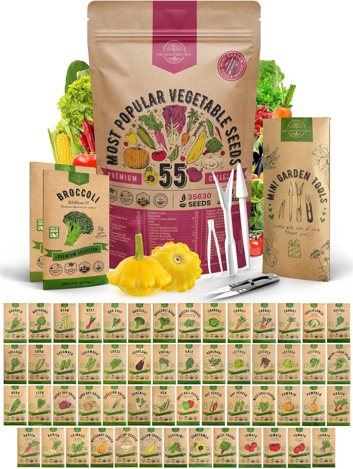 55-Variety Heirloom Vegetable Seed Pack - 35,600+ Non-GMO Seeds for Planting Vegetables & Fruits | Individual Packets for Indoor, Outdoor, Hydroponic, and Home Garden Growing