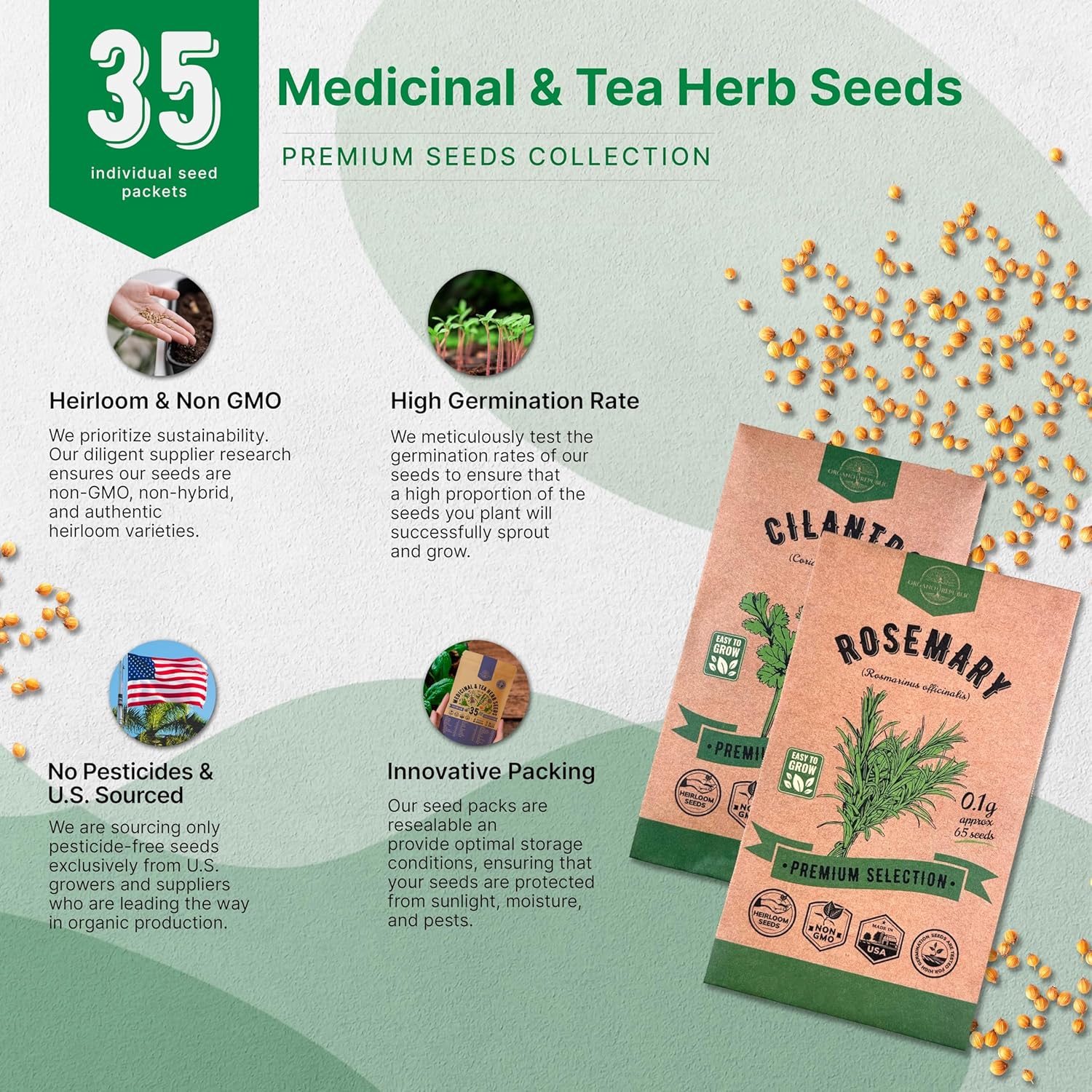 35 Medicinal & Tea Herb Seed Variety Pack – 16,335+ Non-GMO Heirloom Seeds for Indoor & Outdoor Gardening | Includes Anise, Bergamot, Borage, Cilantro, Chamomile, Dandelion, Rosemary & More