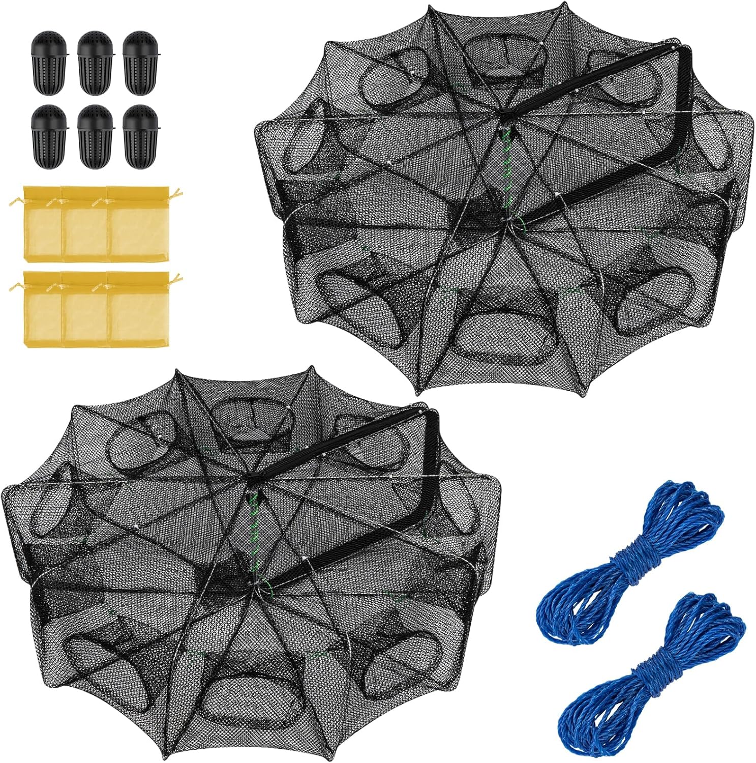 2PCS Large Fishing Bait Traps - 10-Hole Crab Nets with Rope for Minnow, Crawfish, Shrimp, and Crawdad | Durable Foldable Fish Traps for Bait Fishing