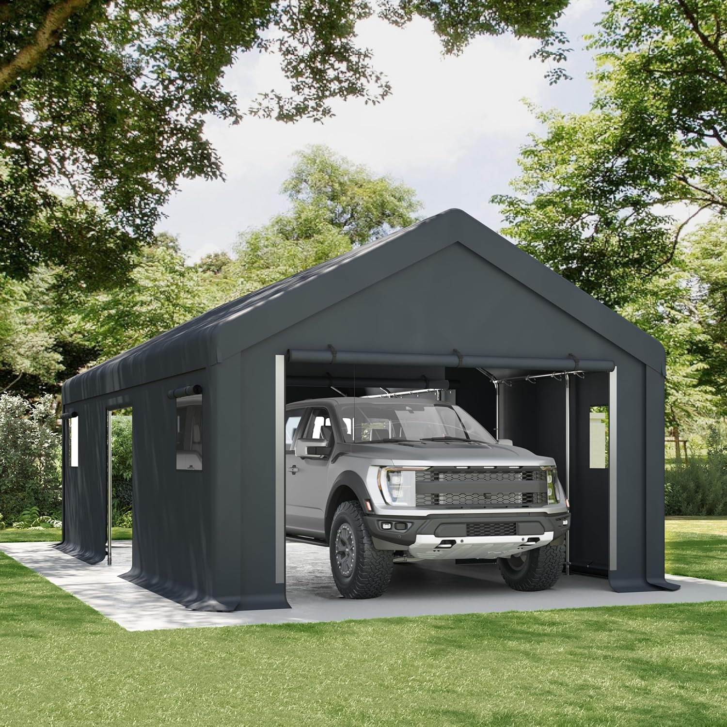 13x24x9.6 Ft Portable Storage Shelter Garage – Waterproof UV-Resistant Carport Tent with Roll-Up Zipper Doors & Air Vents | Anti-Snow Outdoor Shed for Car, Motorcycle & Equipment – Gray