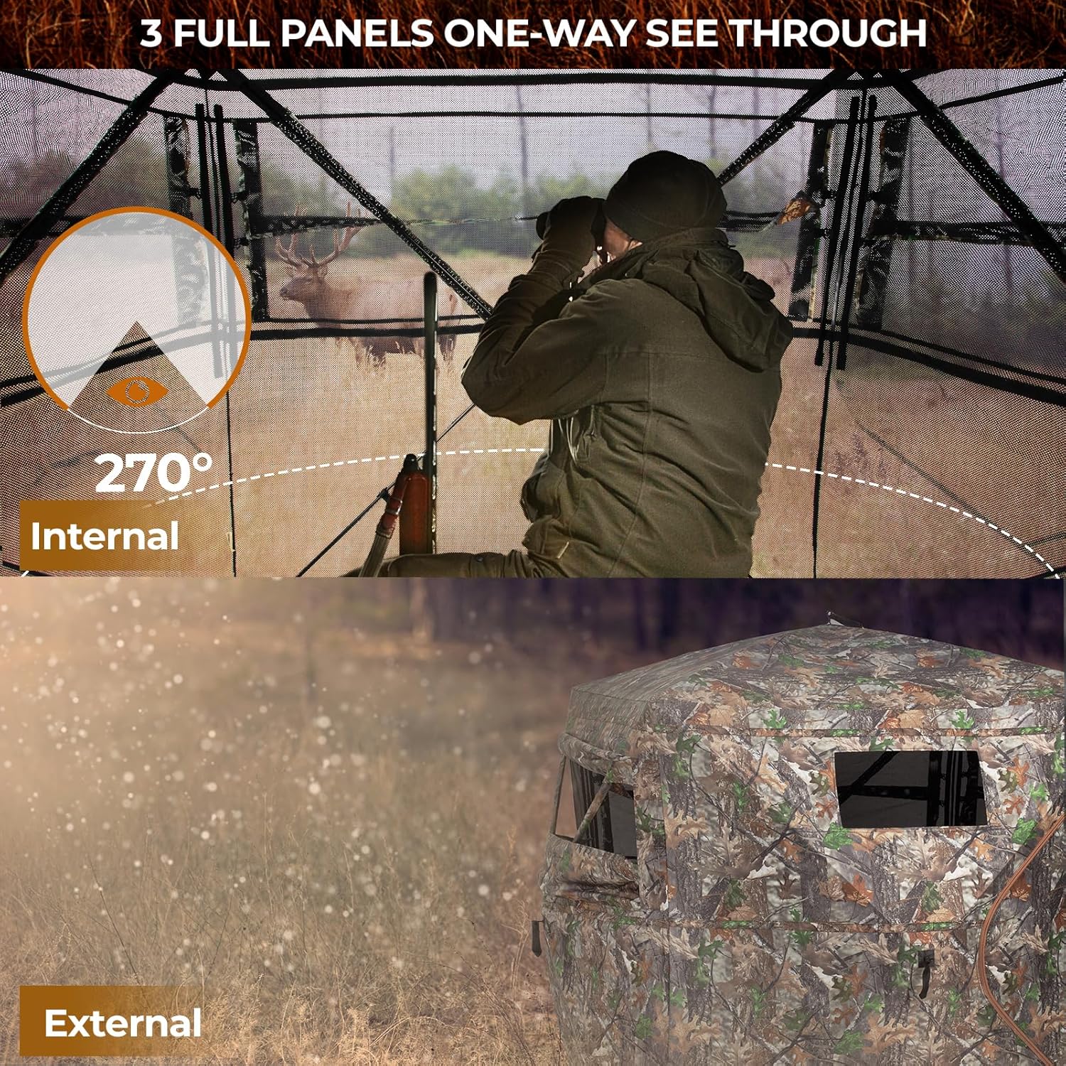 Hunting Blind 270° See Through Ground Blind 2-3 Person Pop Up Deer Blind for Hunting with Carring Bag - Portable Durable Blind for Turkey and Deer Hunting