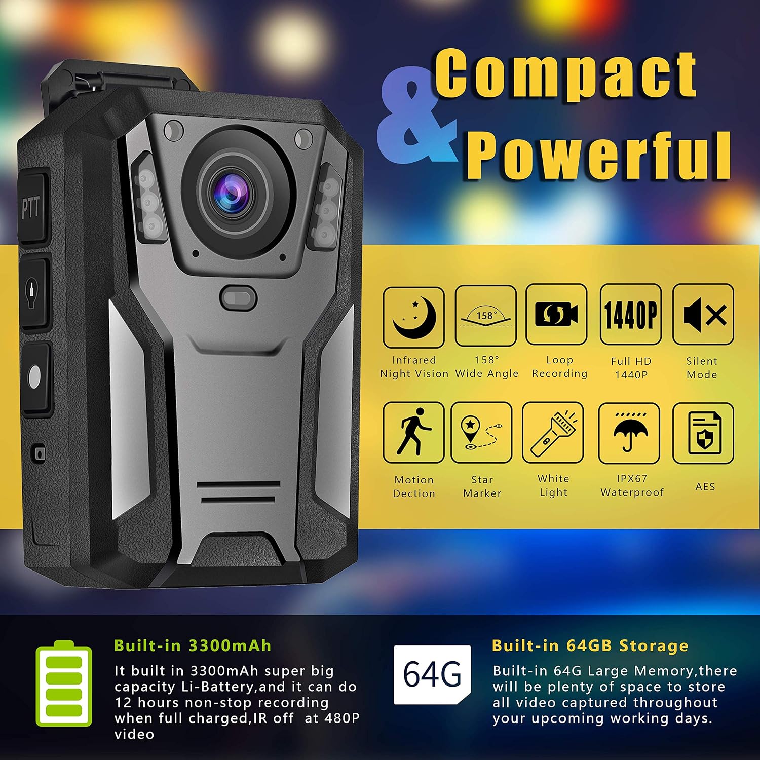 Body Camera 2K – 64GB, 12-Hour Recording, IR Night Vision 50ft, Data Encrypted, One-Touch, USB-C
