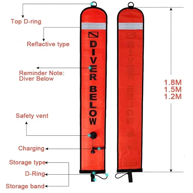 DIVE 1.5M Inflatable Scuba Diving SMB – High-Visibility Surface Marker Buoy with Oral & Regulator Inflation, Reflective Strips, & Stainless Steel D-Rings