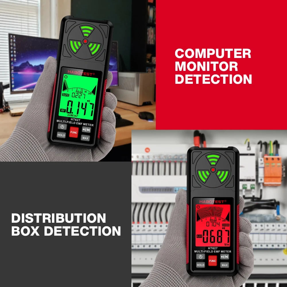 3-in-1 Portable Electromagnetic Radiation Tester – Handheld Digital EMF Meter HT627 for Radio Frequency, Electric, and Magnetic Fields