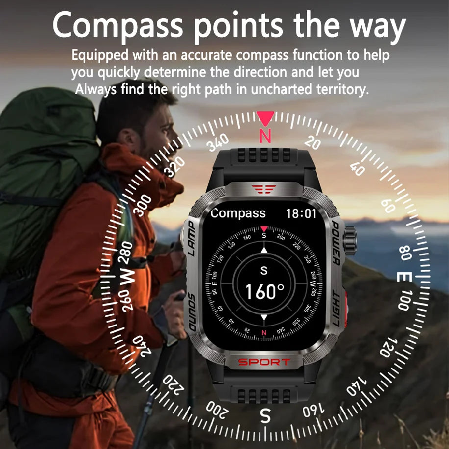 Military GPS Smartwatch for Men – Waterproof Outdoor Sports Watch with Flashlight, Compass, Bluetooth Calling & Fitness Tracker