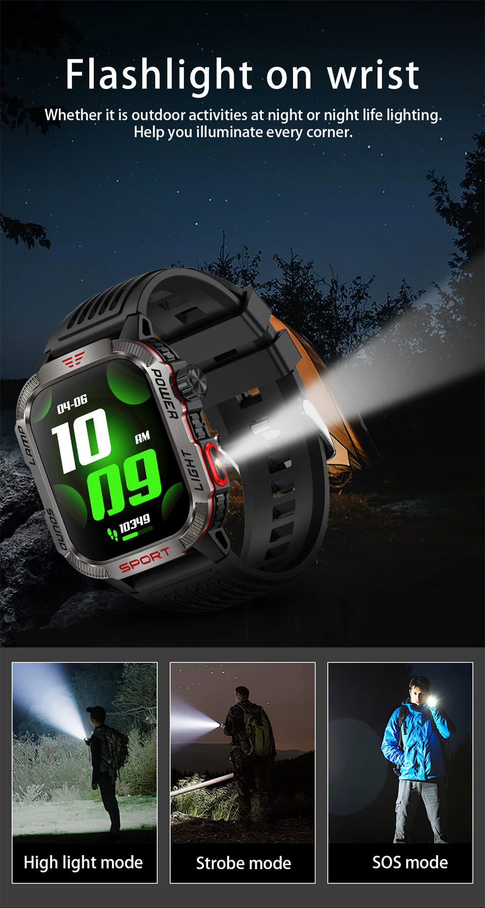 Military GPS Smartwatch for Men – Waterproof Outdoor Sports Watch with Flashlight, Compass, Bluetooth Calling & Fitness Tracker
