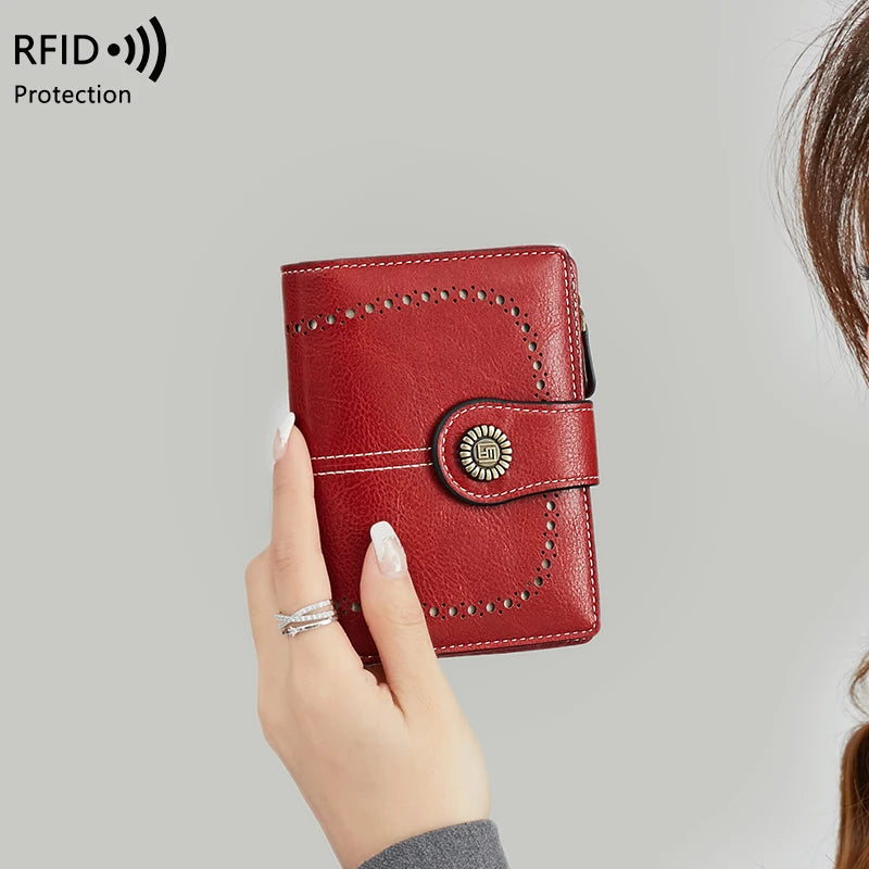 RFID Blocking Women’s Retro Wallet – Multi-Card Holder, Zipper Coin Purse, Anti-Theft Short Wallet with Buckle, Fashion Small Wallet for Cards, Cash, and Coins