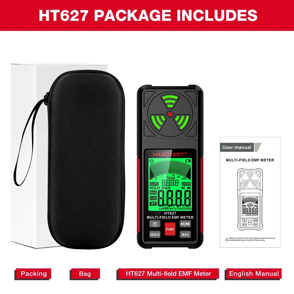 3-in-1 Portable Electromagnetic Radiation Tester – Handheld Digital EMF Meter HT627 for Radio Frequency, Electric, and Magnetic Fields