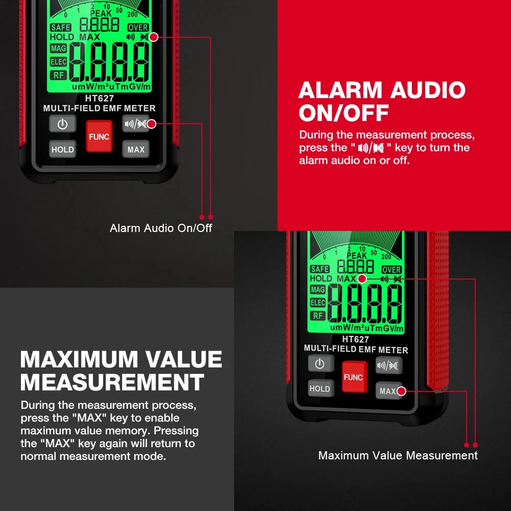 3-in-1 Portable Electromagnetic Radiation Tester – Handheld Digital EMF Meter HT627 for Radio Frequency, Electric, and Magnetic Fields