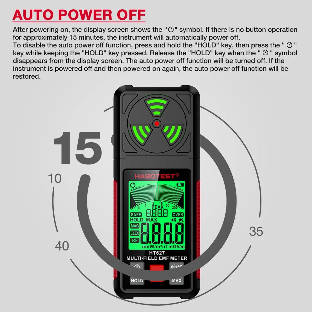 3-in-1 Portable Electromagnetic Radiation Tester – Handheld Digital EMF Meter HT627 for Radio Frequency, Electric, and Magnetic Fields