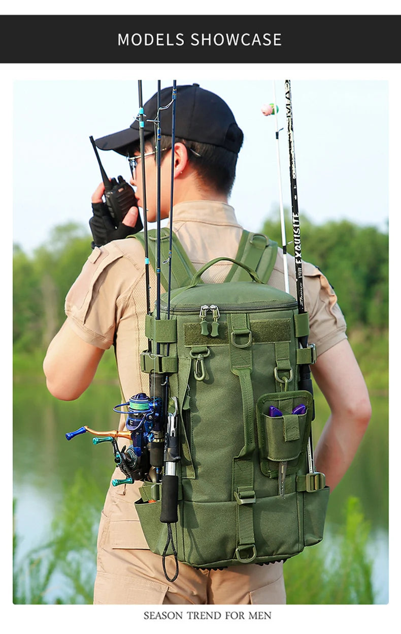 Multifunctional Fishing Tackle Backpack with Rod Holders – Heavy-Duty Molle Storage Bag for Fishing Gear, Camping, Hiking & Outdoor Sports