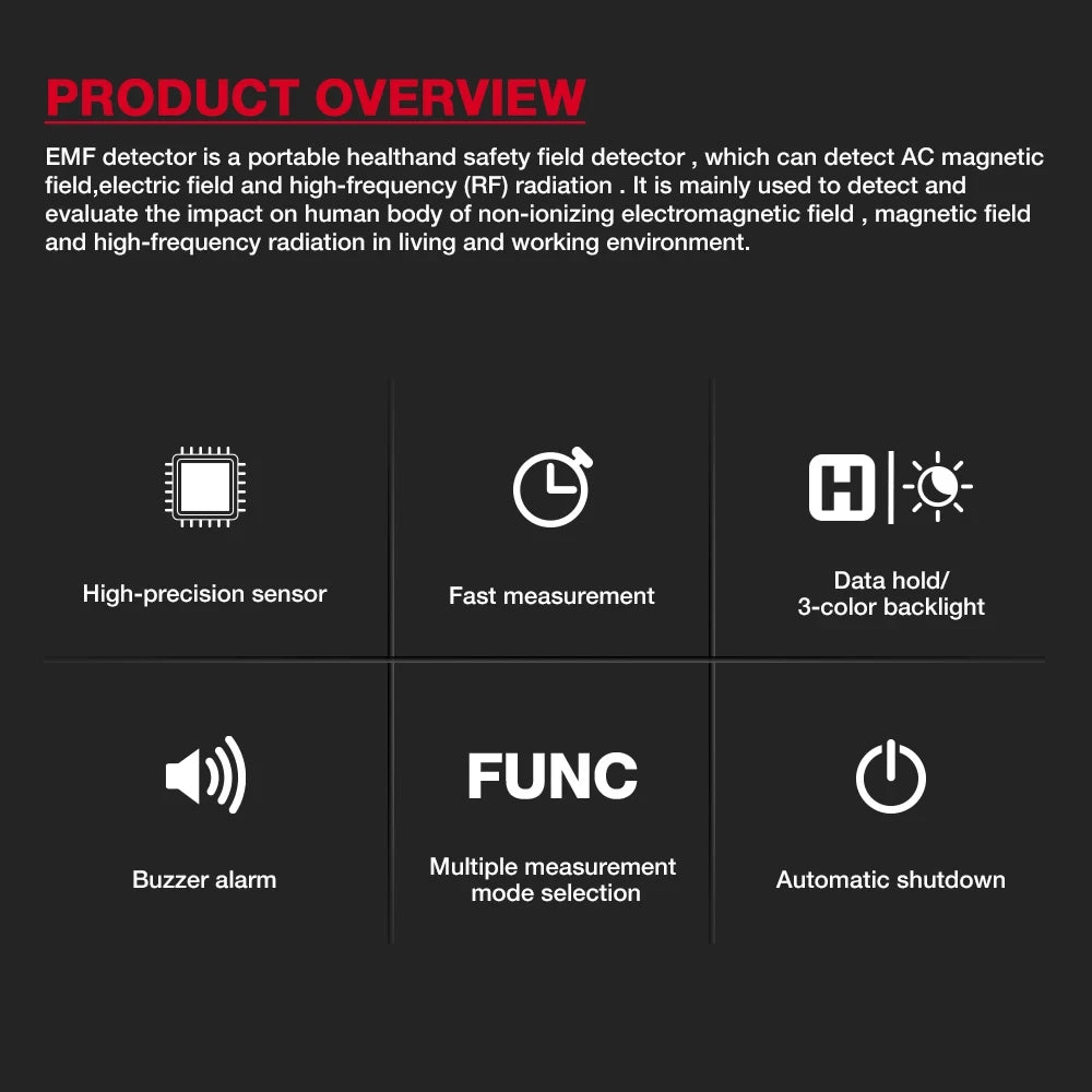 3-in-1 Portable Electromagnetic Radiation Tester – Handheld Digital EMF Meter HT627 for Radio Frequency, Electric, and Magnetic Fields