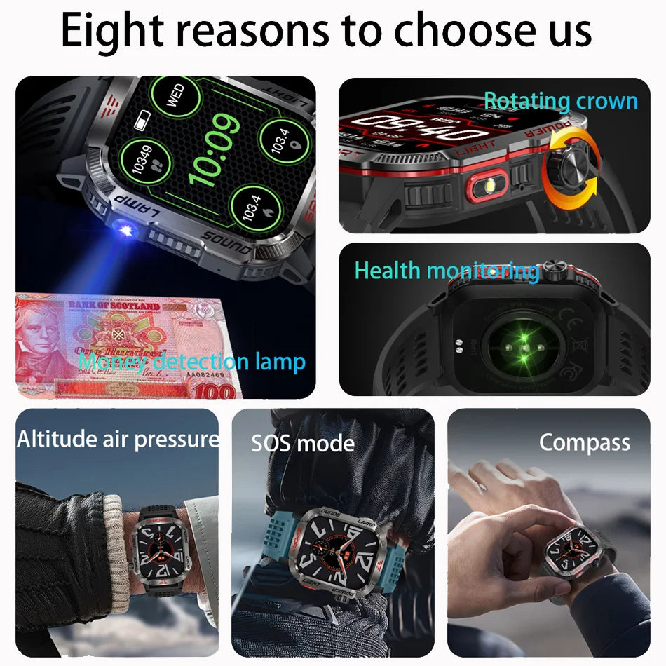 Military GPS Smartwatch for Men – Waterproof Outdoor Sports Watch with Flashlight, Compass, Bluetooth Calling & Fitness Tracker