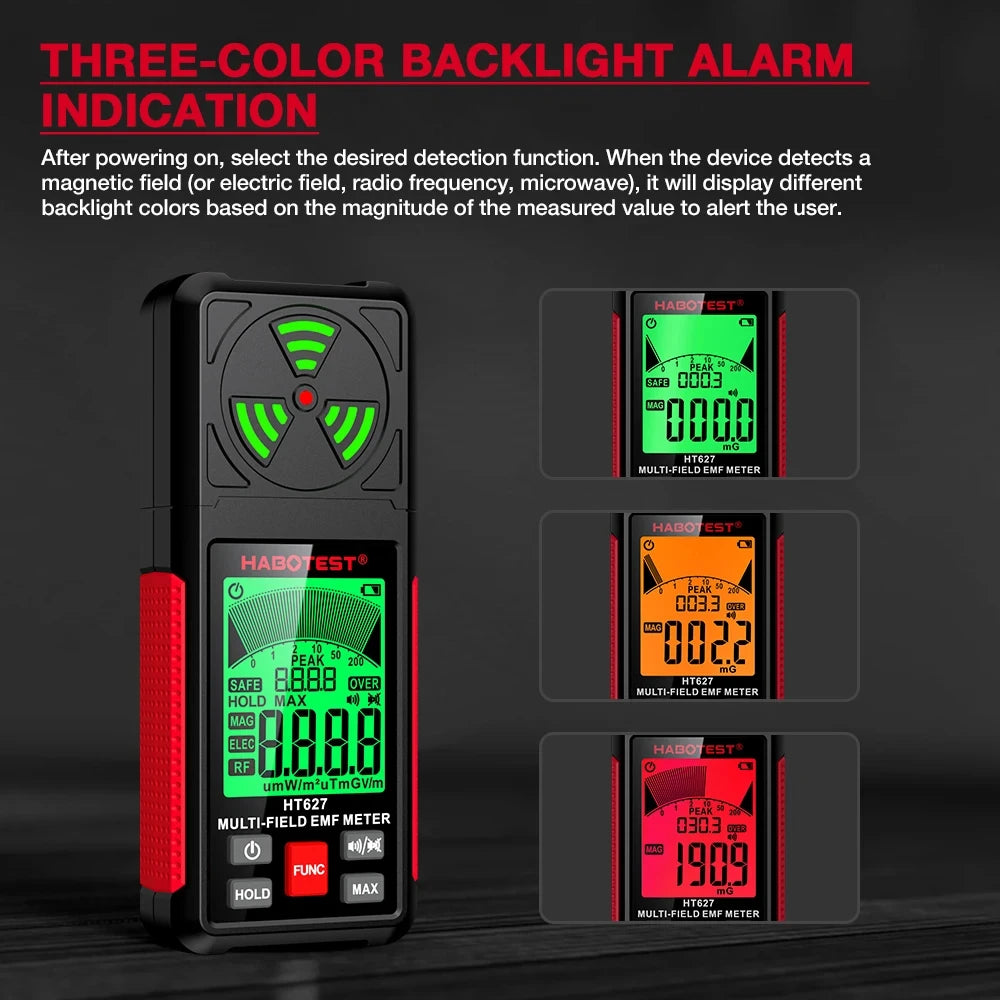 3-in-1 Portable Electromagnetic Radiation Tester – Handheld Digital EMF Meter HT627 for Radio Frequency, Electric, and Magnetic Fields